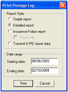 Print Postage Log dialog box - print summary reports